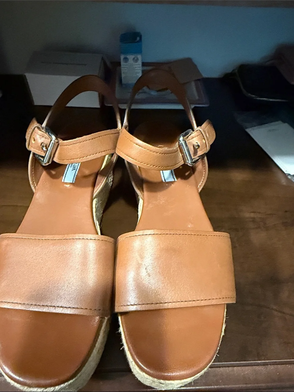 Prada Tan Leather Espadrille Wedge Sandals with Ankle Strap